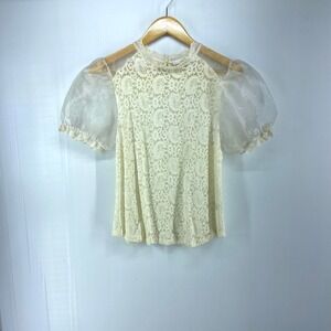 Melograno Rico Cream Paisley‎ Lace Sheer Puff Sleeve Shirt Blouse Womens Medium